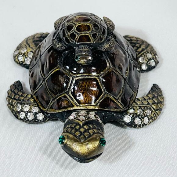 Turtle with Baby Turtle Shaped Ceramic Hinged Trinket Box Porcelain Crystals - Picture 2 of 10